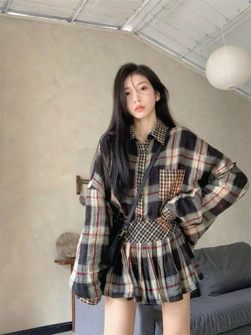 Women Casual Checker Shirts With Pleated Mini Skirts and Belt